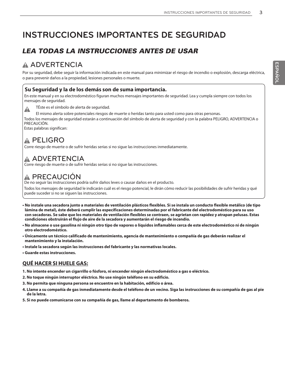 Instrucciones importantes de seguridad, Advertencia, Peligro | Precaución, Lea todas la instrucciones antes de usar | LG DLGX5171V User Manual | Page 45 / 88