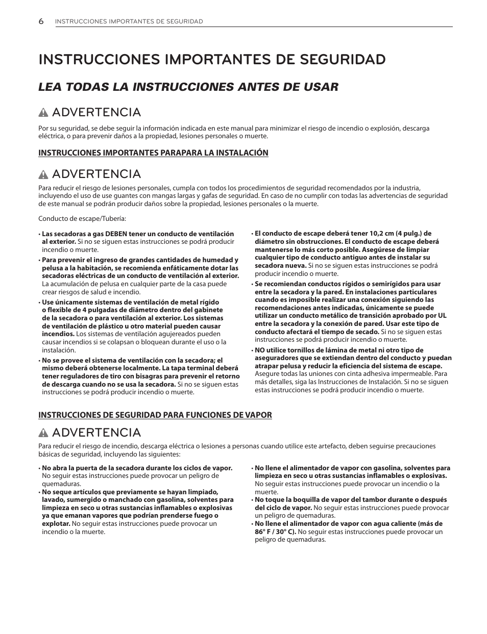 Instrucciones importantes de seguridad, Advertencia, Lea todas la instrucciones antes de usar | LG DLGX5171V User Manual | Page 48 / 88