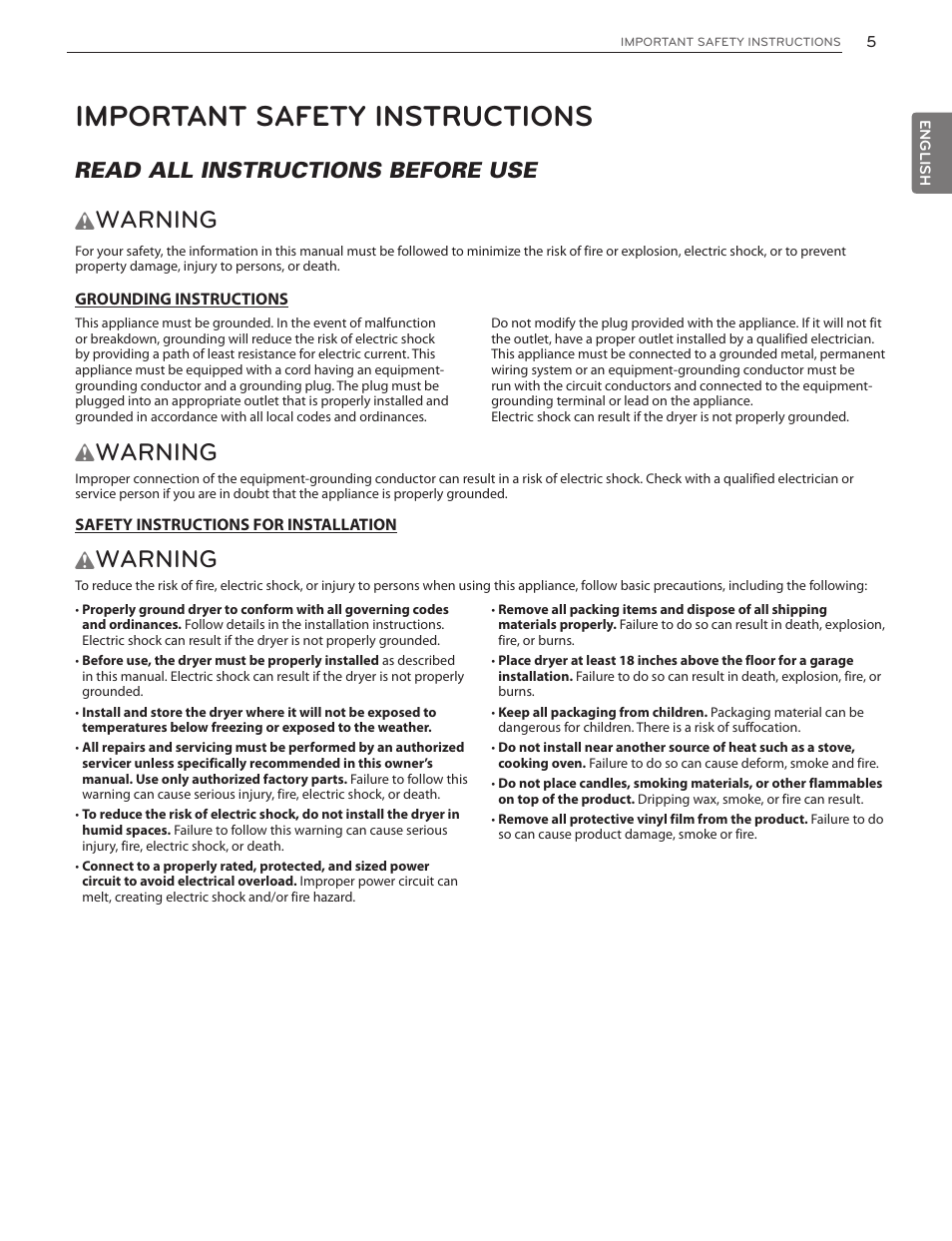 Important safety instructions, Warning, Read all instructions before use | LG DLGX5171V User Manual | Page 5 / 88