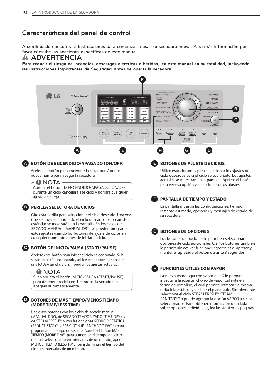 Wadvertencia, Características del panel de control, Nota | LG DLGX5171V User Manual | Page 52 / 88