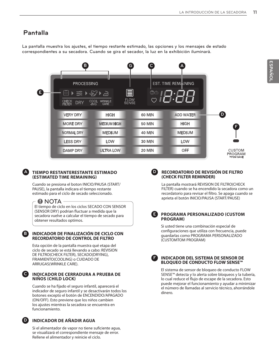 Pantalla, Nota | LG DLGX5171V User Manual | Page 53 / 88