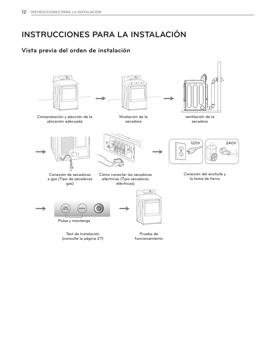 Instrucciones para la instalación, Vista previa del orden de instalación | LG DLGX5171V User Manual | Page 54 / 88