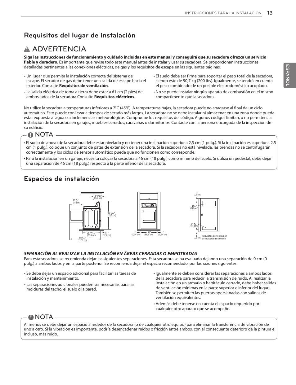 Advertencia, Requisitos del lugar de instalación, Espacios de instalación | Nota | LG DLGX5171V User Manual | Page 55 / 88