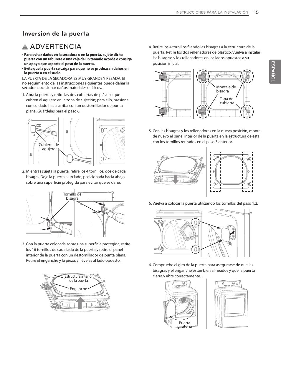 Advertencia, Inversion de la puerta | LG DLGX5171V User Manual | Page 57 / 88