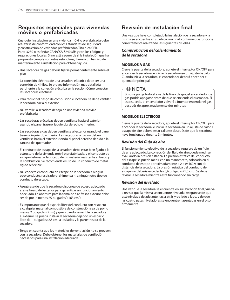 Revisión de instalación final, Nota | LG DLGX5171V User Manual | Page 68 / 88