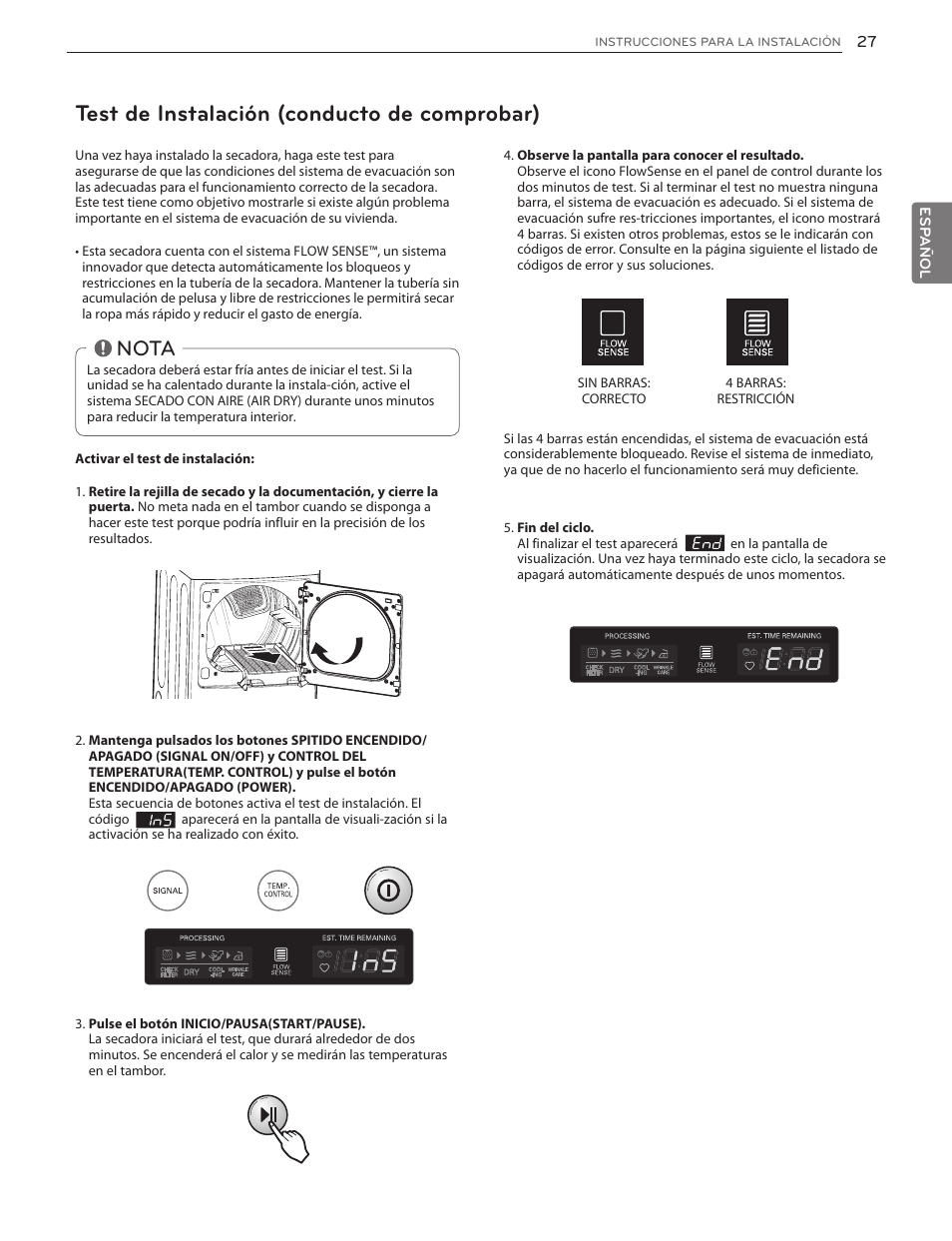 Test de instalación (conducto de comprobar), Nota | LG DLGX5171V User Manual | Page 69 / 88