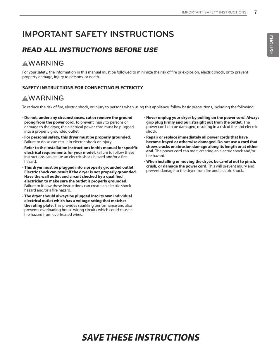 Important safety instructions, Warning, Read all instructions before use | LG DLGX5171V User Manual | Page 7 / 88