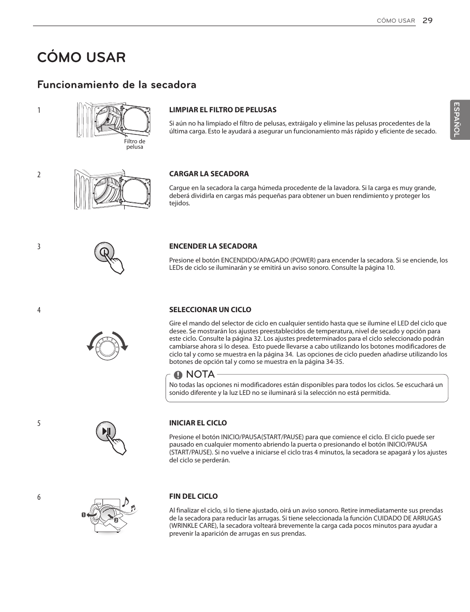 Cómo usar, Funcionamiento de la secadora, Nota | LG DLGX5171V User Manual | Page 71 / 88