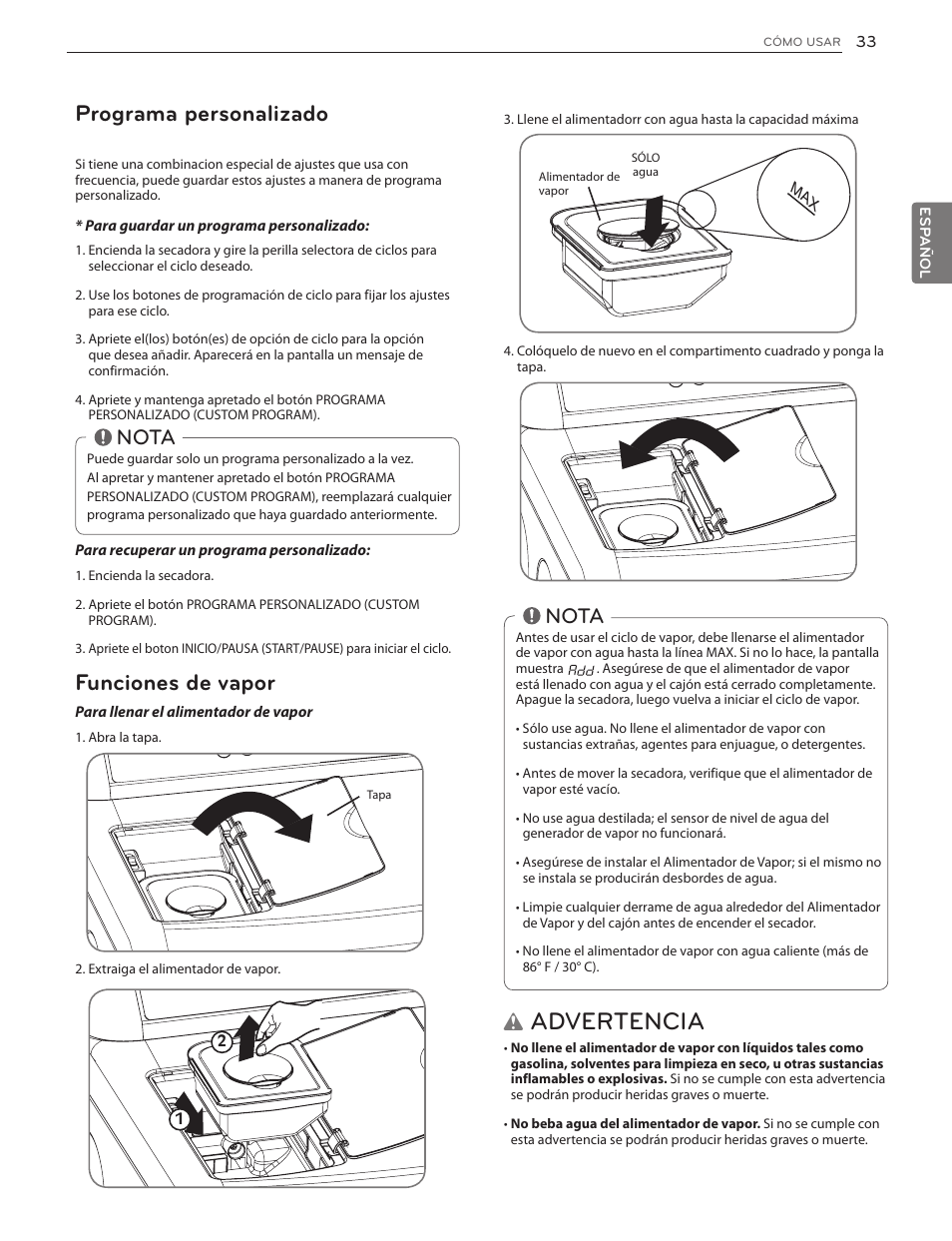 Advertencia, Programa personalizado, Funciones de vapor | Nota | LG DLGX5171V User Manual | Page 75 / 88