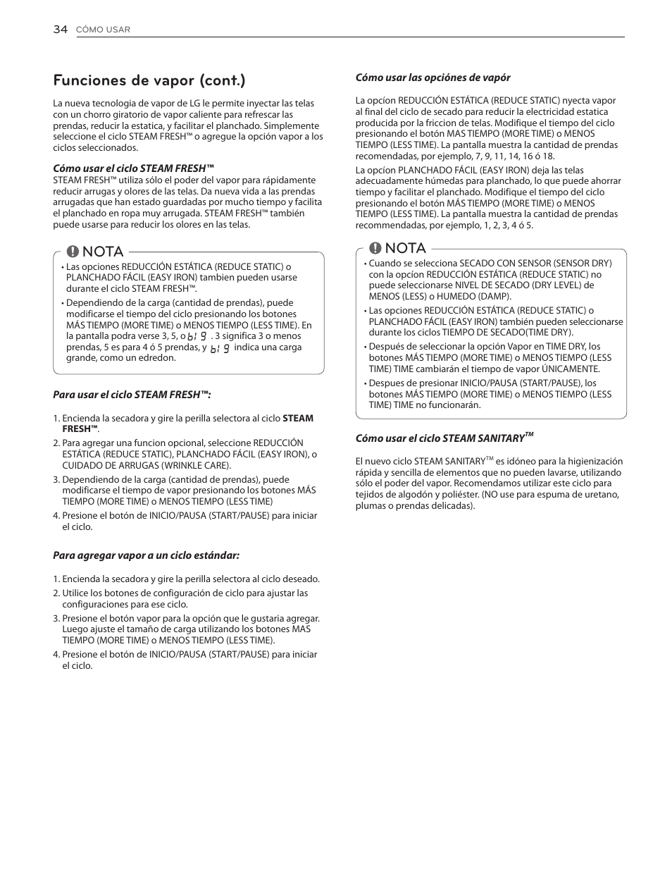 Funciones de vapor (cont.), Nota | LG DLGX5171V User Manual | Page 76 / 88