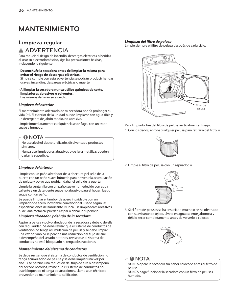 Mantenimiento, Advertencia, Limpieza regular | Nota | LG DLGX5171V User Manual | Page 78 / 88