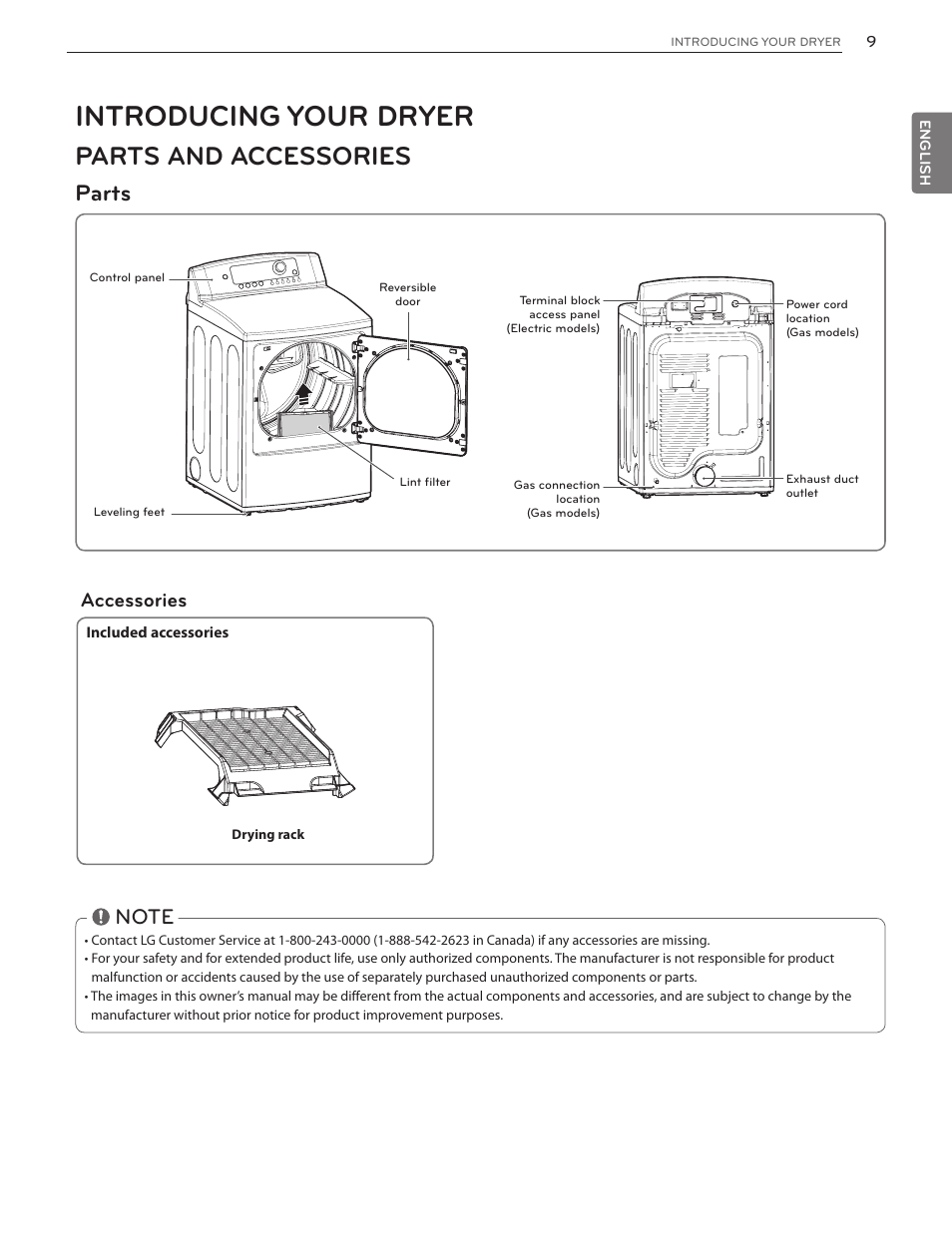 Introducing your dryer, Parts and accessories, Parts | Accessories | LG DLGX5171V User Manual | Page 9 / 88