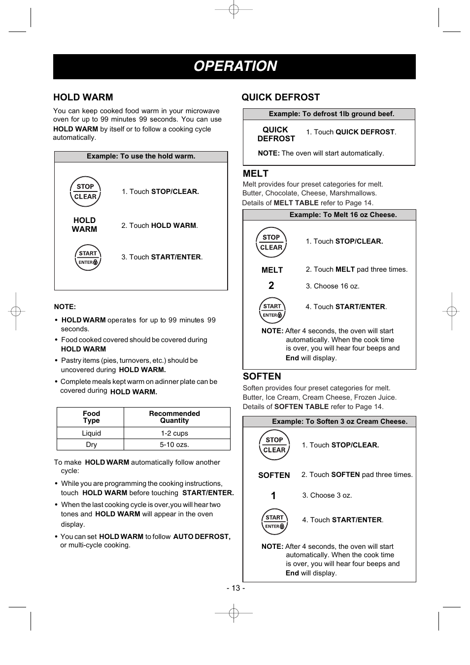 Operation, Hold warm, Melt | Soften, Quick defrost | LG LMV1680ST User Manual | Page 13 / 32