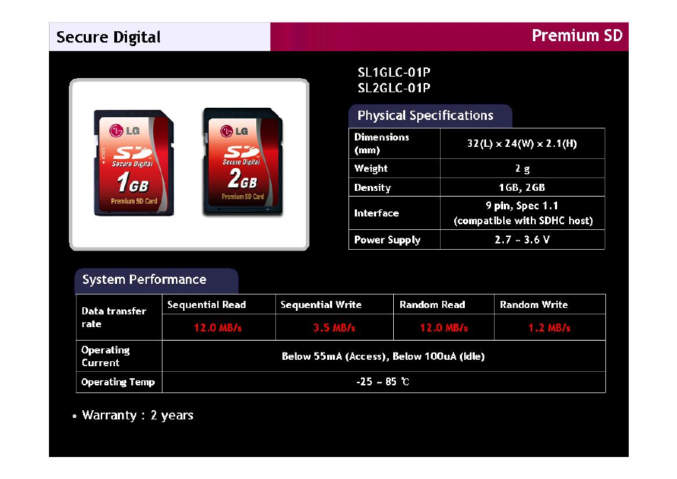 Secure digital, System performance, Warranty: 2 years | LG SD8GLC-01P User Manual | Page 3 / 8