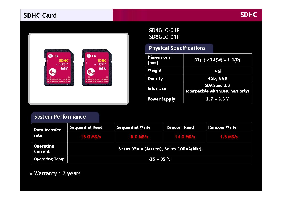 Sdhc card, System performance, Warranty: 2 years | LG SD8GLC-01P User Manual | Page 4 / 8