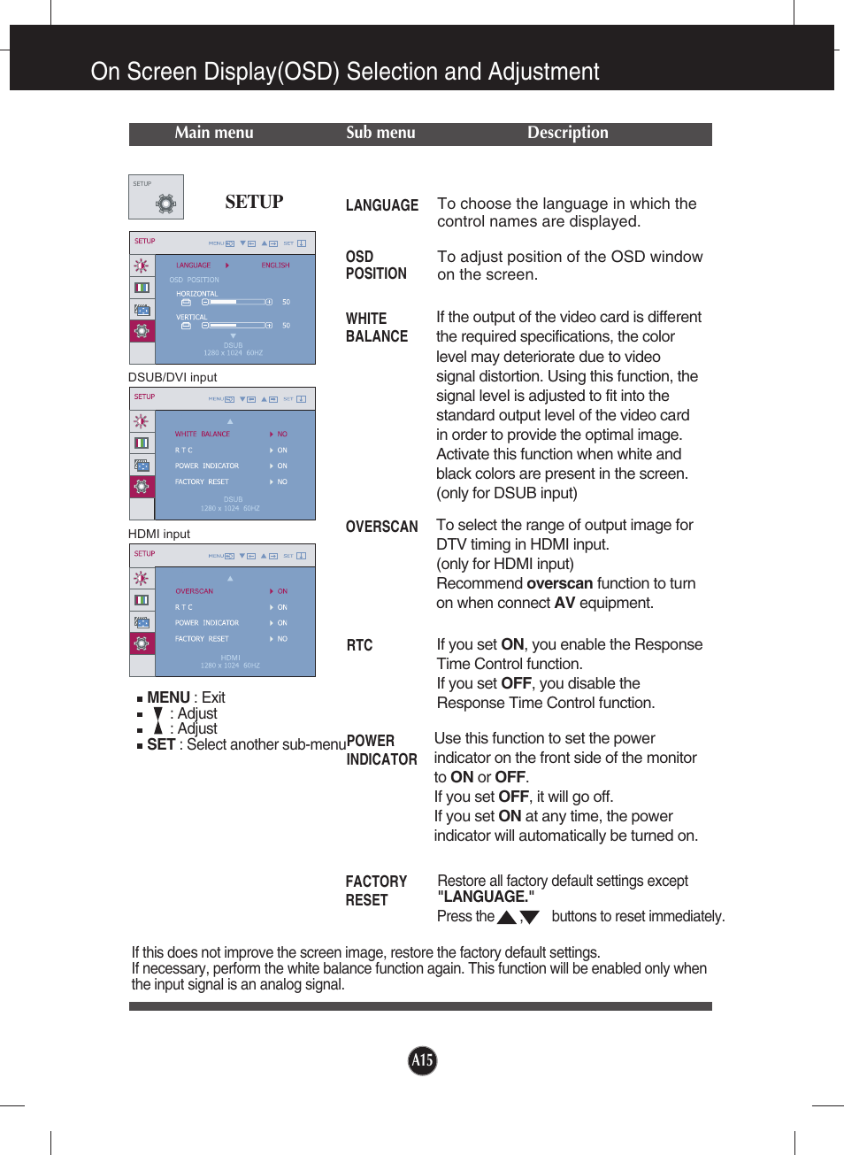 Setup, On screen display(osd) selection and adjustment | LG W2753VC-PF User Manual | Page 16 / 27