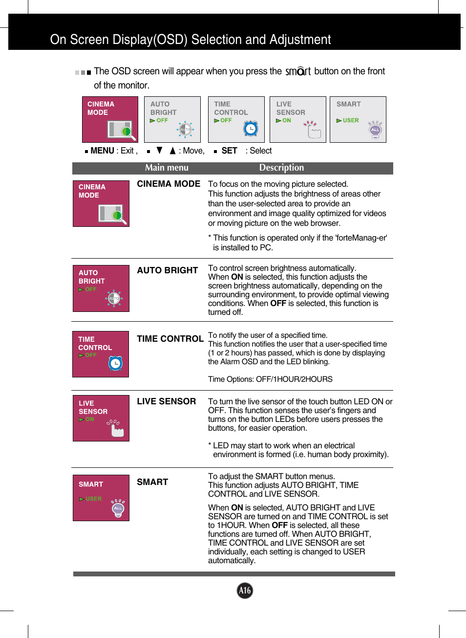 Cinema mode, Auto bright, Time control | Live sensor, Smart, On screen display(osd) selection and adjustment | LG W2753VC-PF User Manual | Page 17 / 27