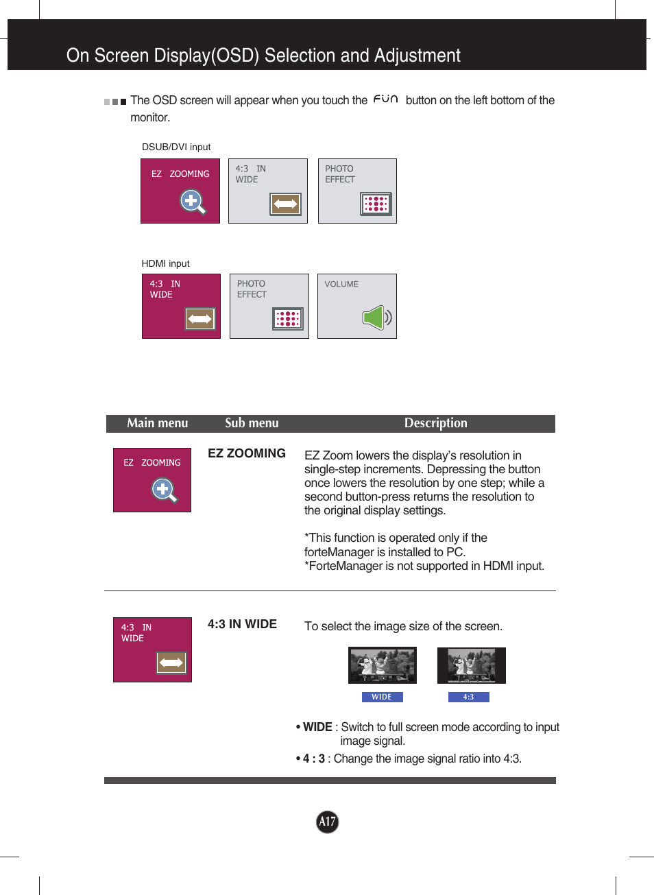 Ez zooming, 3 in wide, On screen display(osd) selection and adjustment | LG W2753VC-PF User Manual | Page 18 / 27