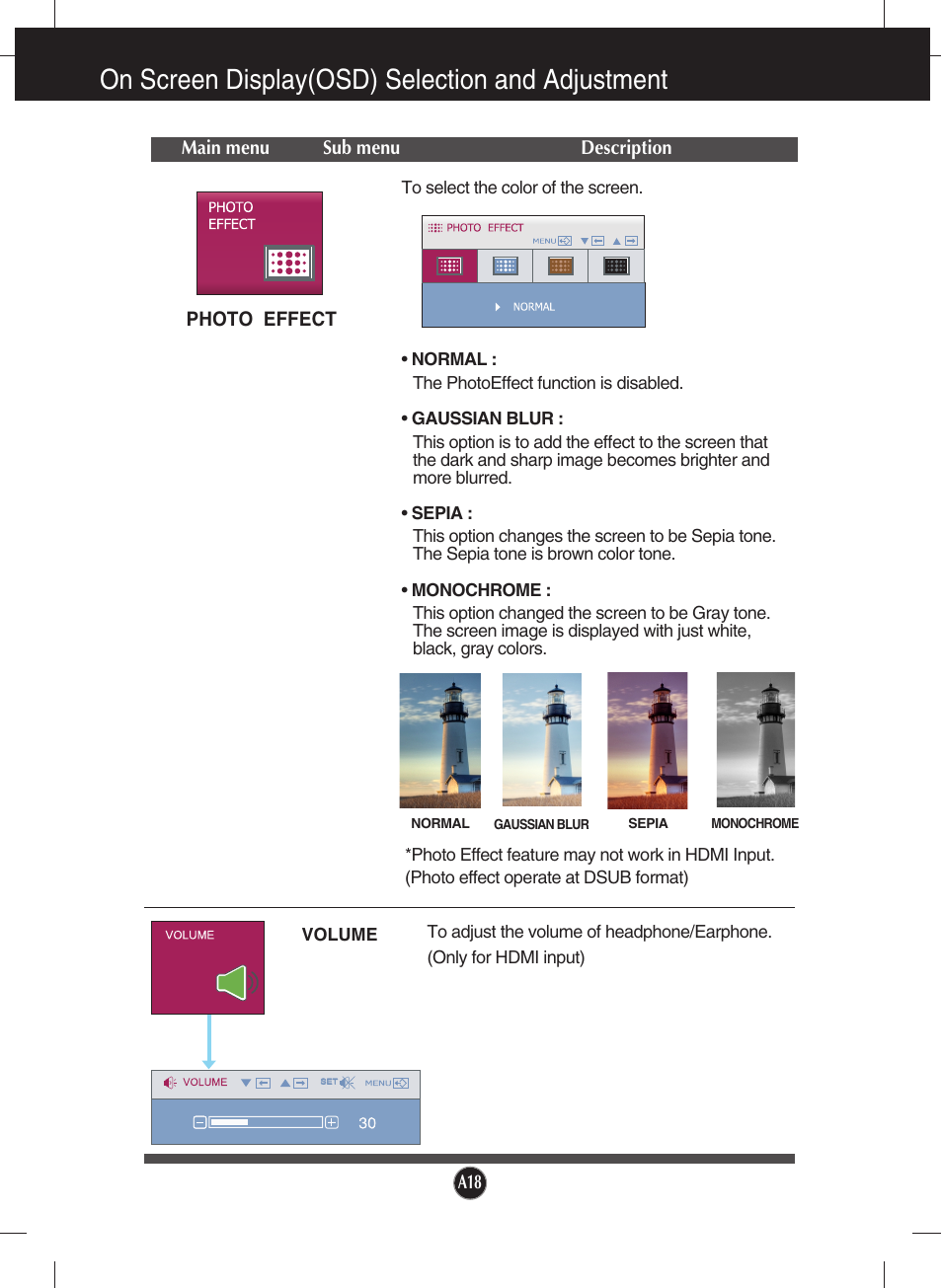Photo effect, On screen display(osd) selection and adjustment | LG W2753VC-PF User Manual | Page 19 / 27