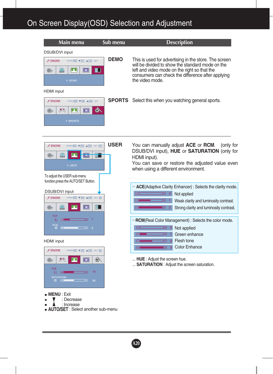 On screen display(osd) selection and adjustment | LG W2753VC-PF User Manual | Page 21 / 27