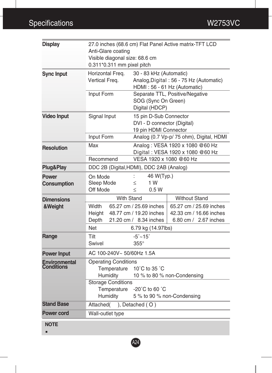 Specifications, W2753vc, Specifications w2753v c | LG W2753VC-PF User Manual | Page 25 / 27