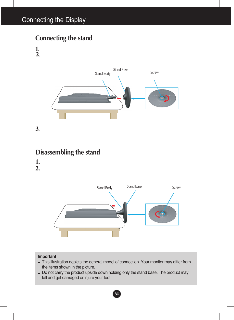 Connecting the display, Connecting the stand, Disassembling the stand | Connecting the display disassembling the stand | LG W2753VC-PF User Manual | Page 5 / 27