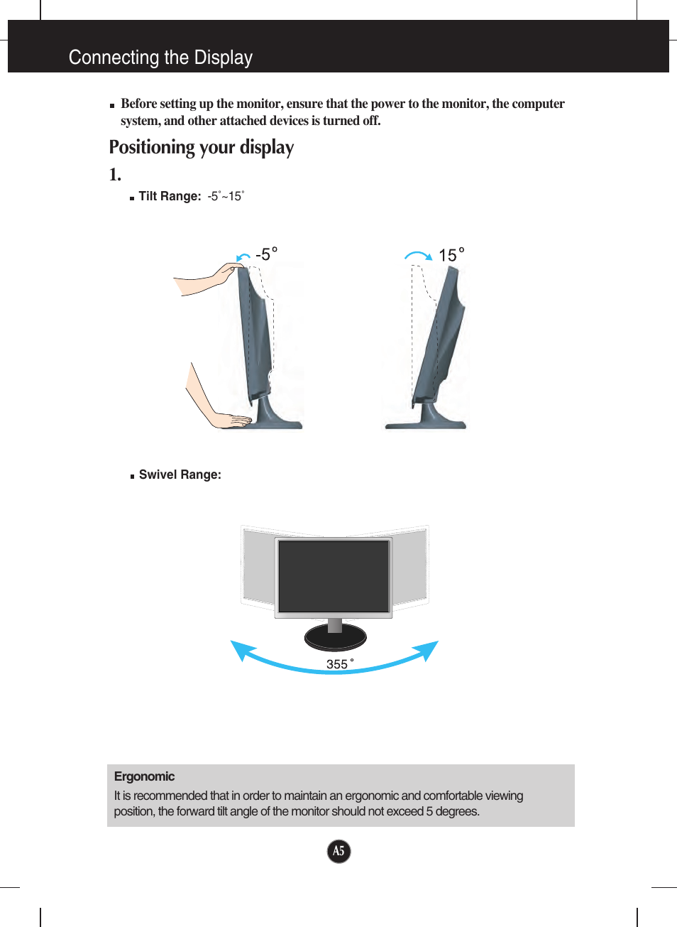 Positioning your display, Connecting the display | LG W2753VC-PF User Manual | Page 6 / 27