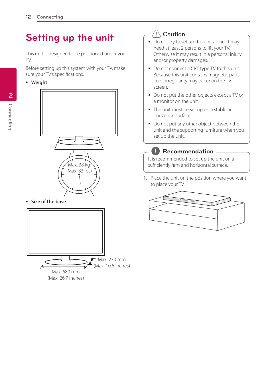 2 connecting, Setting up the unit | LG LAB540W User Manual | Page 12 / 77