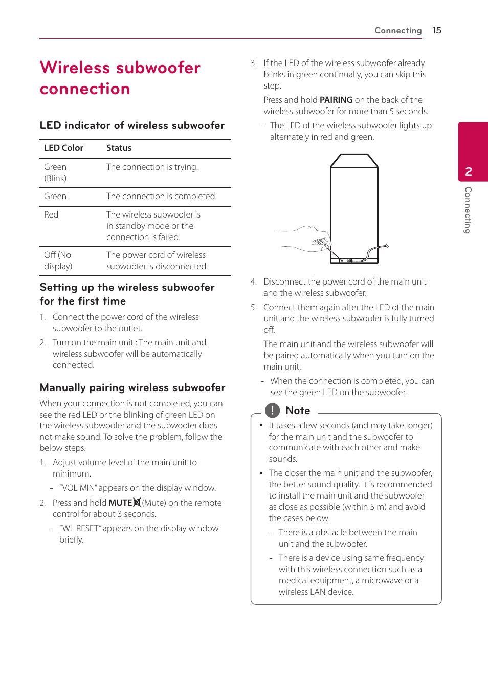 Wireless subwoofer connection | LG LAB540W User Manual | Page 15 / 77
