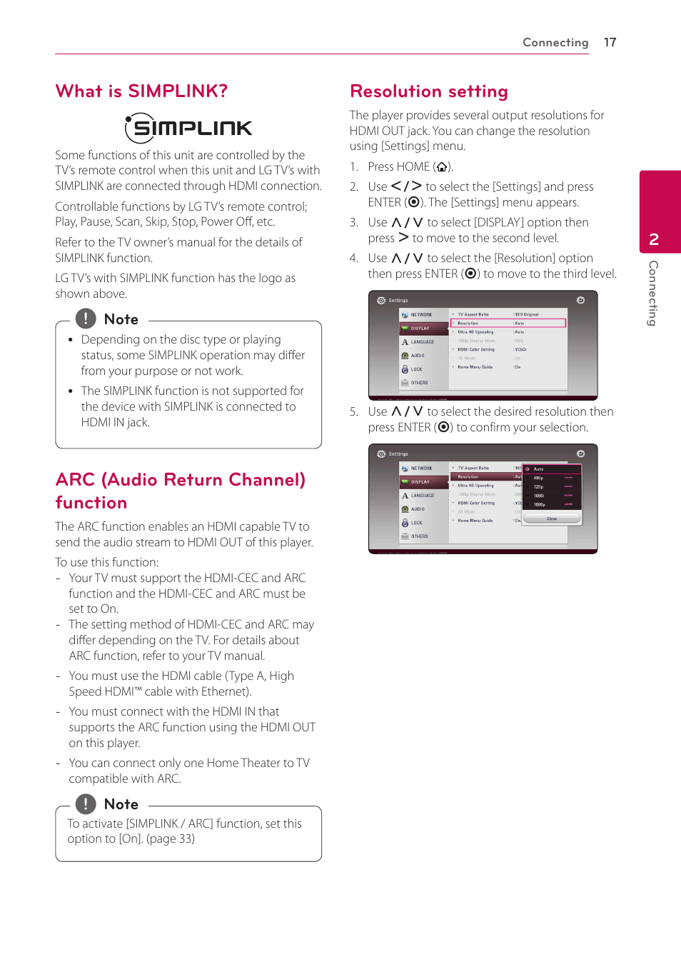 What is simplink, Arc (audio return channel) function, Resolution setting | LG LAB540W User Manual | Page 17 / 77