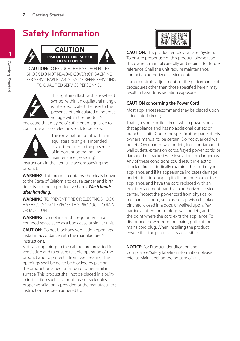 1 getting started, Safety information, Caution | LG LAB540W User Manual | Page 2 / 77