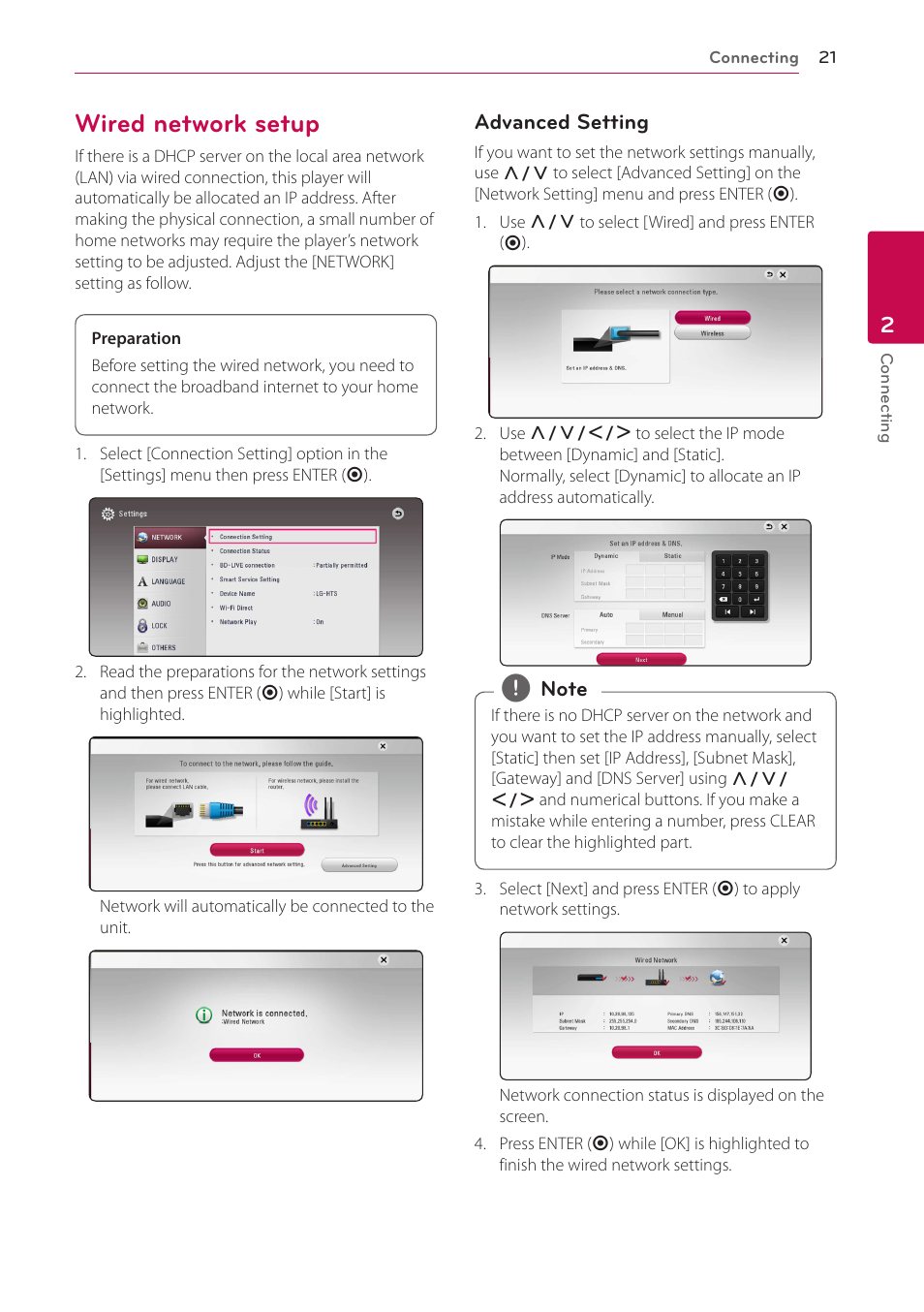 Wired network setup, 21 – wired network setup | LG LAB540W User Manual | Page 21 / 77