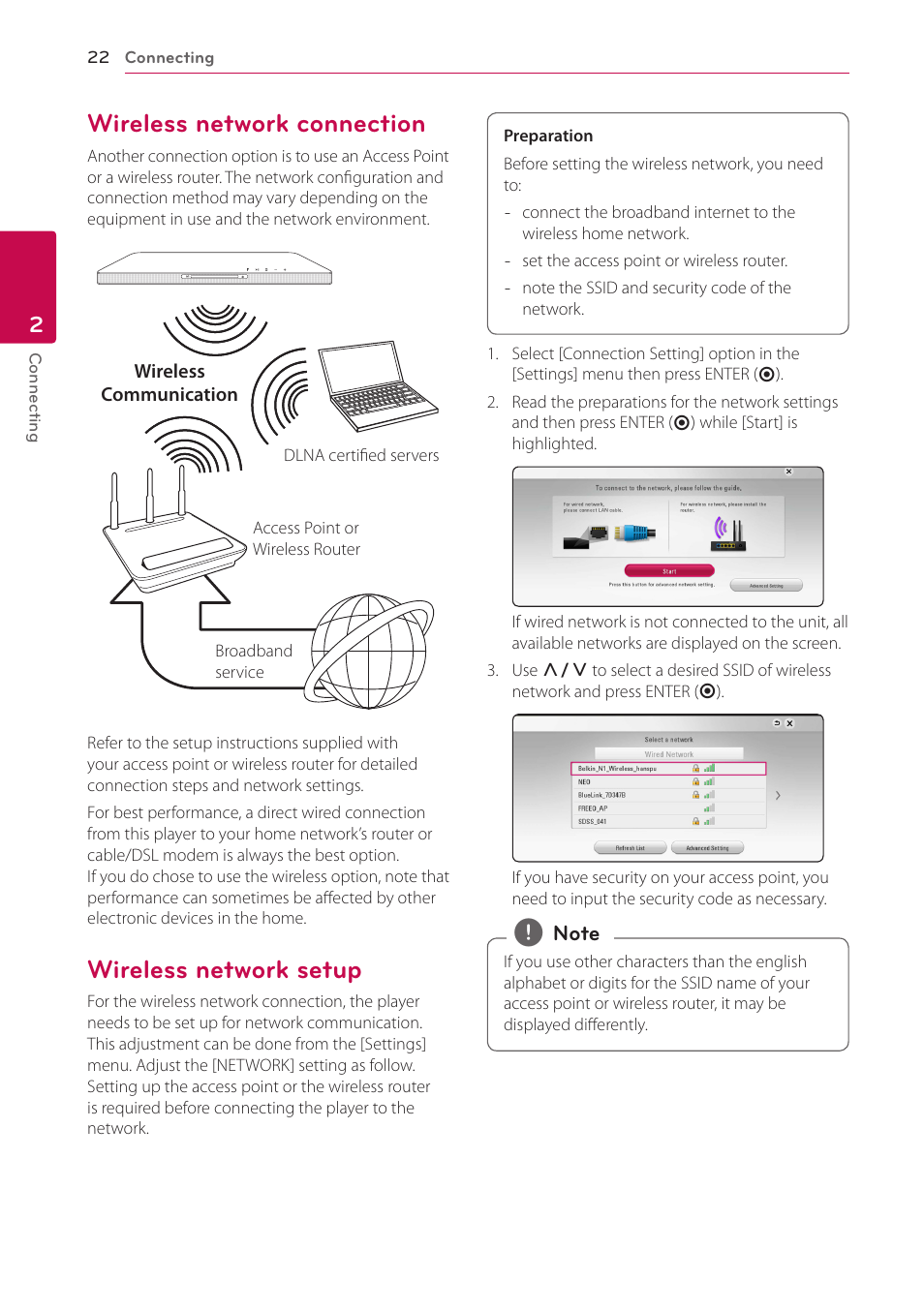 Wireless network connection, Wireless network setup | LG LAB540W User Manual | Page 22 / 77