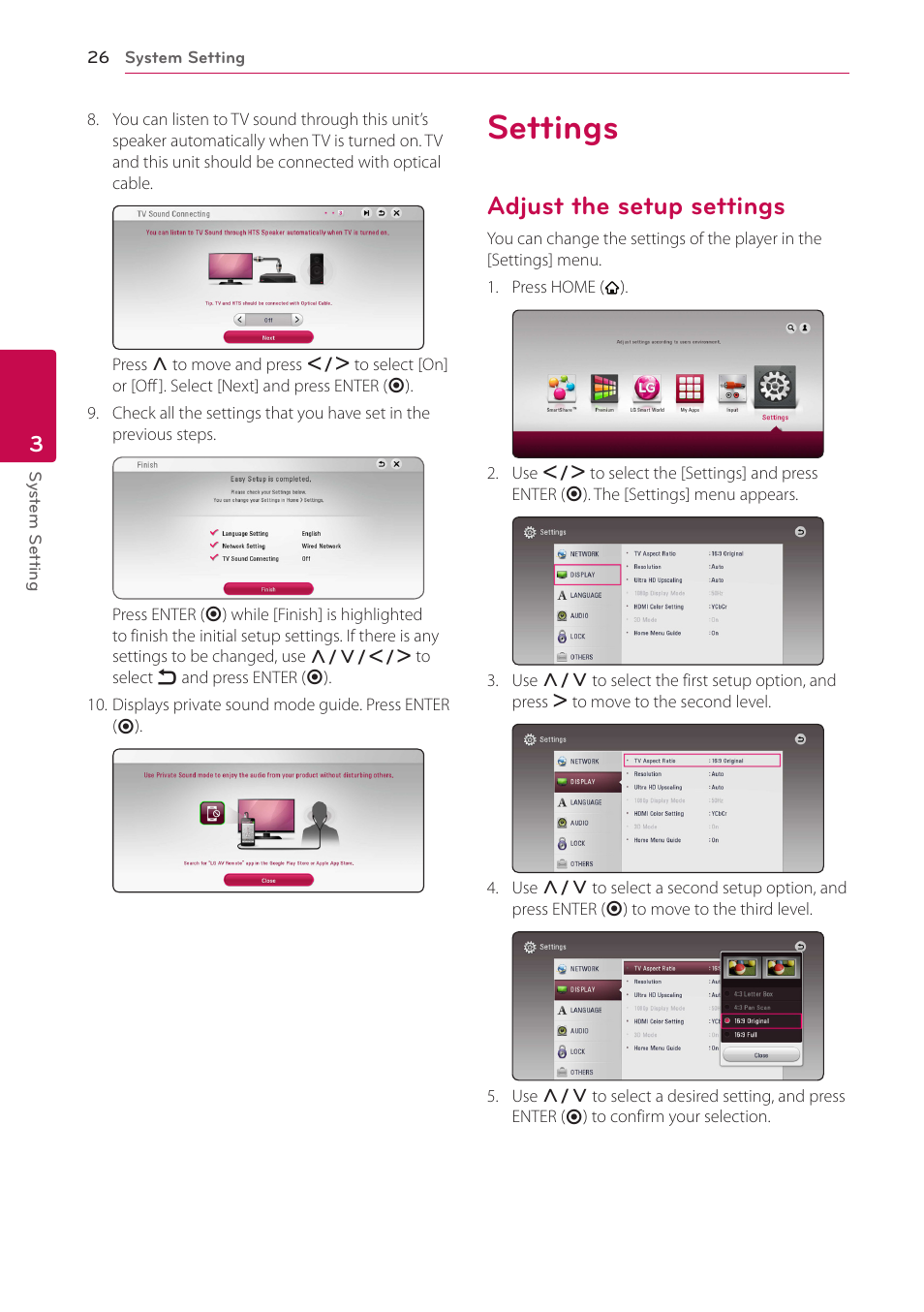 Settings, Adjust the setup settings, 26 settings 26 – adjust the setup settings | LG LAB540W User Manual | Page 26 / 77