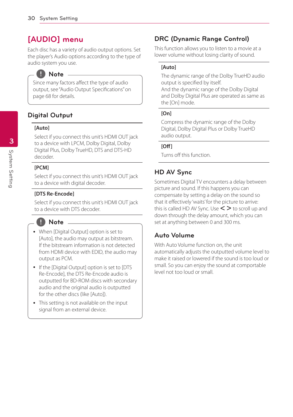 Audio] menu, 30 – [audio] menu | LG LAB540W User Manual | Page 30 / 77
