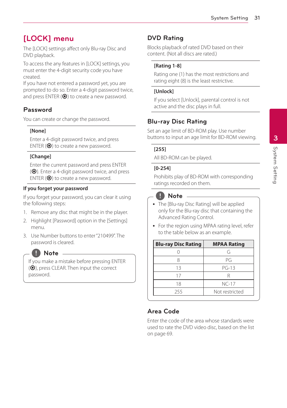 Lock] menu, 31 – [lock] menu | LG LAB540W User Manual | Page 31 / 77