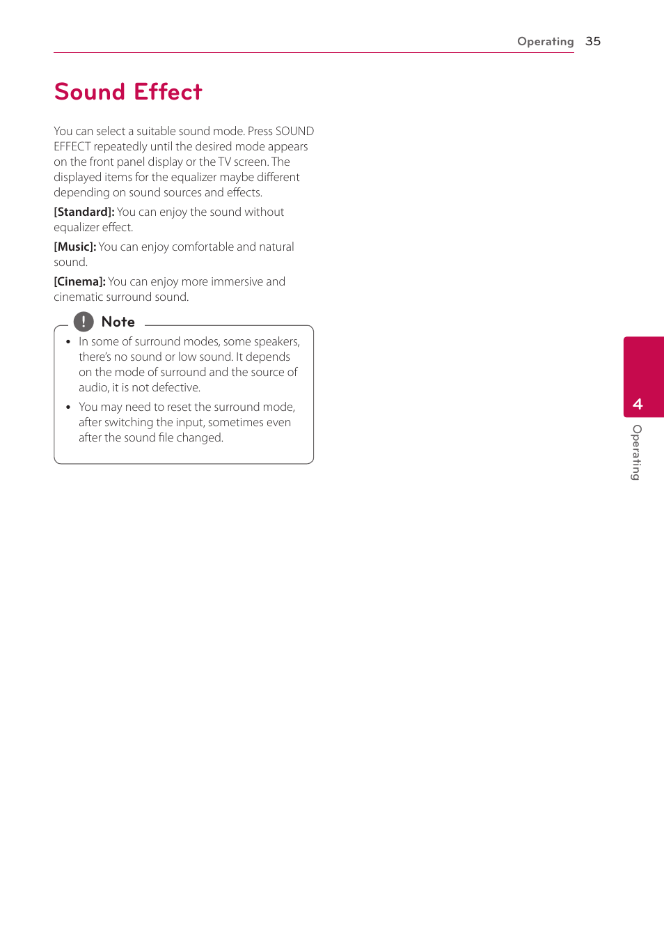 4 operating, Sound effect, 35 sound effect | LG LAB540W User Manual | Page 35 / 77