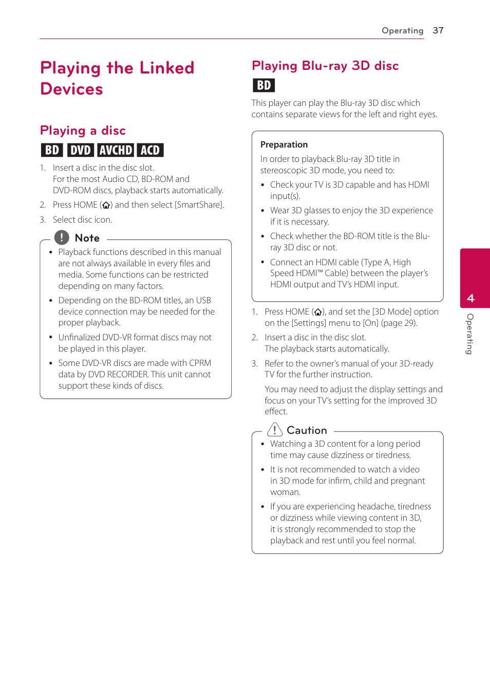 Playing the linked devices, Playing a disc, Playing blu-ray 3d disc | Playing a disc erot, Playing blu-ray 3d disc e | LG LAB540W User Manual | Page 37 / 77