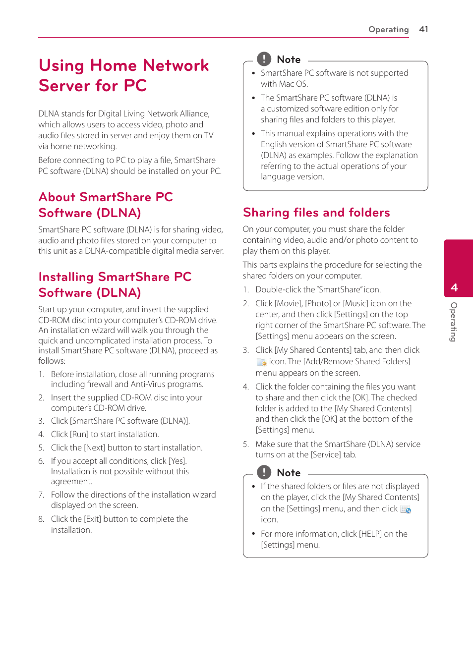 Using home network server for pc, About smartshare pc software (dlna), Installing smartshare pc software (dlna) | Sharing files and folders, 41 – about smartshare pc software, Dlna), 41 – installing smartshare pc software, 41 – sharing files and folders | LG LAB540W User Manual | Page 41 / 77