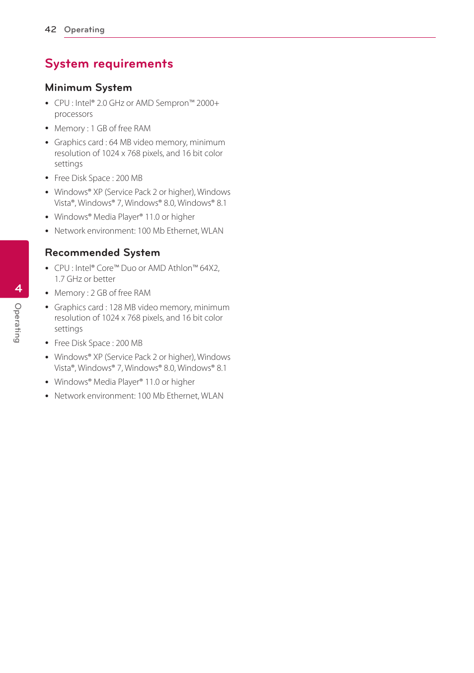 System requirements, 42 – system requirements, Minimum system | Recommended system | LG LAB540W User Manual | Page 42 / 77