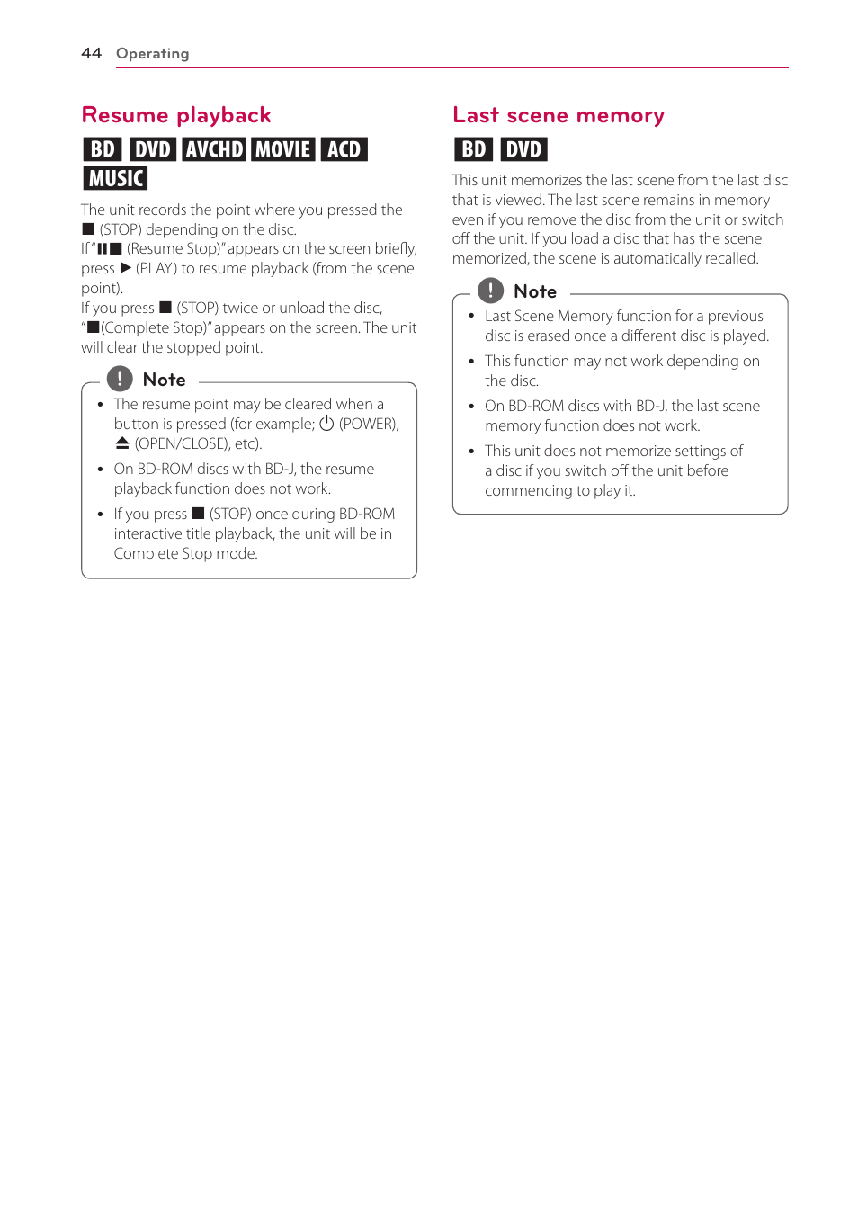 Resume playback, Last scene memory, 44 – resume playback 44 – last scene memory | Resume playback eroyt u | LG LAB540W User Manual | Page 44 / 77