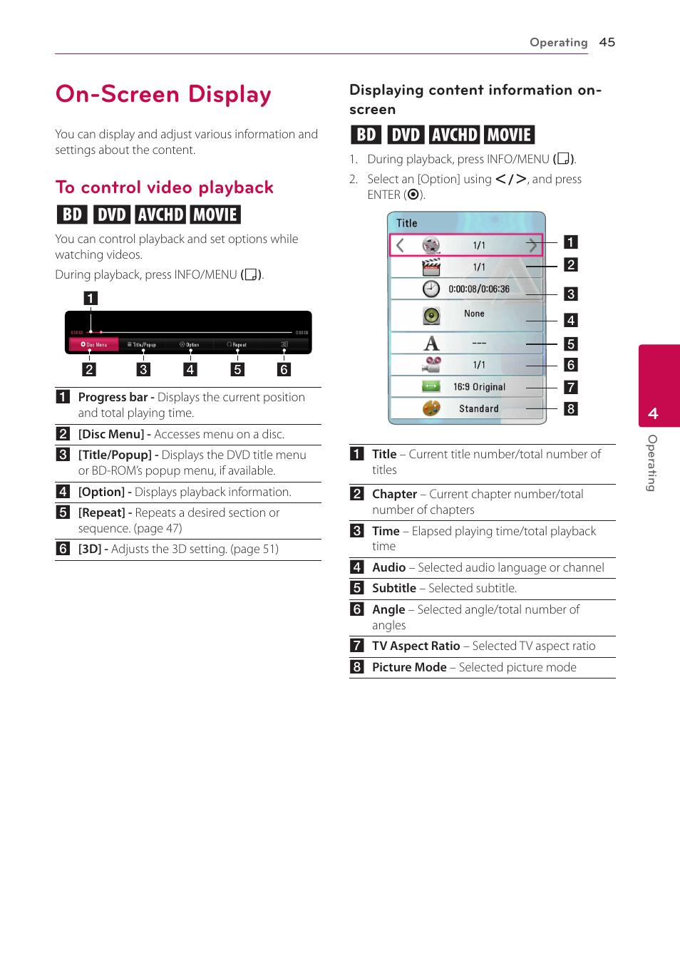 On-screen display, To control video playback, Eroy | LG LAB540W User Manual | Page 45 / 77