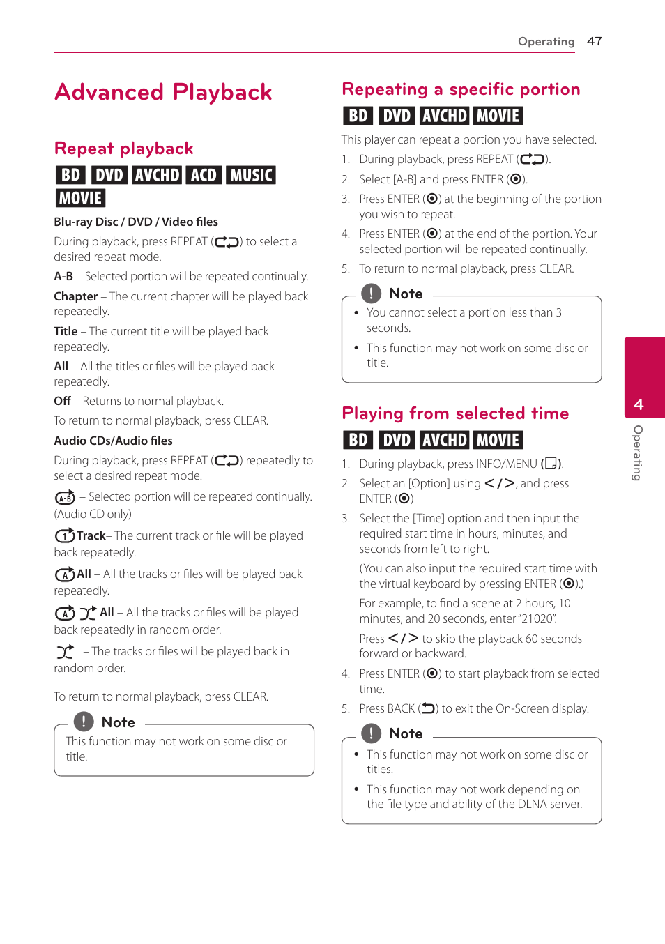 Advanced playback, Repeat playback, Repeating a specific portion | Playing from selected time, Repeat playback erotu y, Repeating a specific portion eroy, Playing from selected time eroy | LG LAB540W User Manual | Page 47 / 77