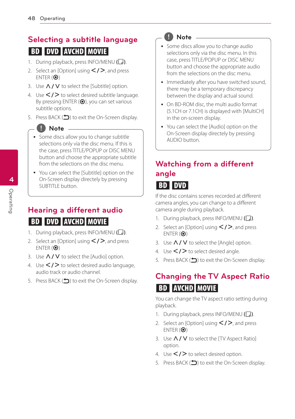 Selecting a subtitle language, Hearing a different audio, Watching from a different angle | Changing the tv aspect ratio, Selecting a subtitle language eroy, Hearing a different audio eroy, Watching from a different angle er, Changing the tv aspect ratio eoy | LG LAB540W User Manual | Page 48 / 77