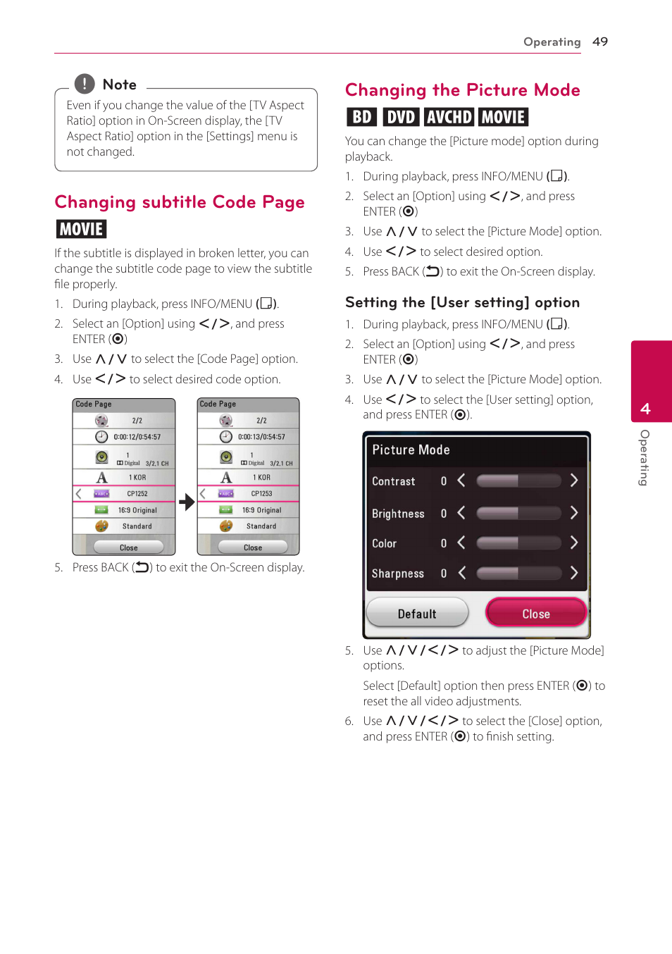 Changing the picture mode, Changing subtitle code page y, Changing the picture mode eroy | LG LAB540W User Manual | Page 49 / 77