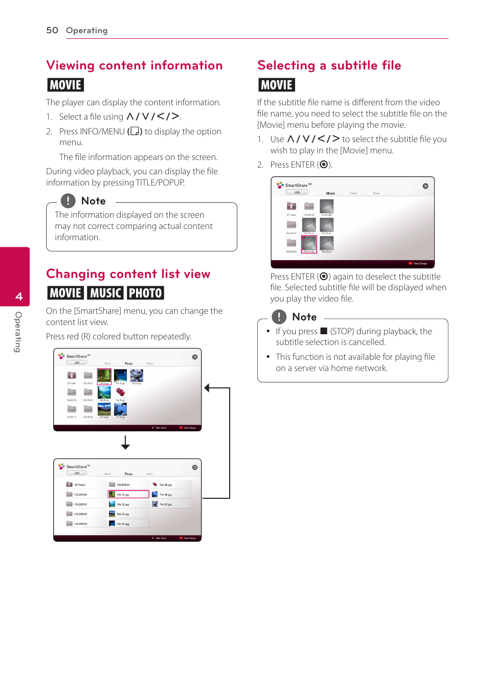 Viewing content information, Changing content list view, Selecting a subtitle file | Viewing content information y, Changing content list view yui, Selecting a subtitle file y | LG LAB540W User Manual | Page 50 / 77