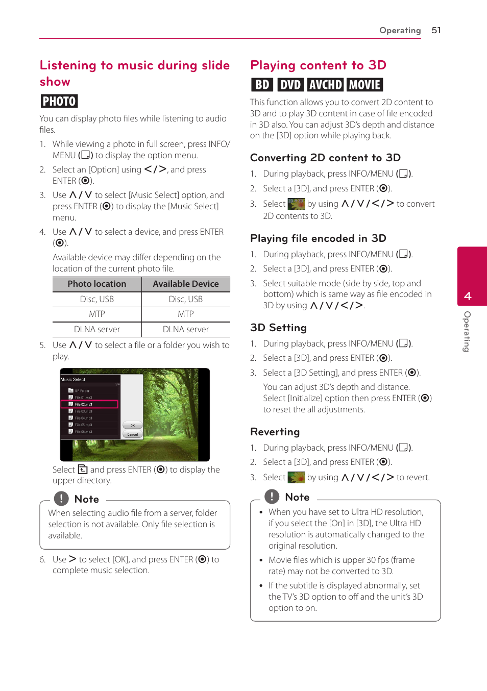 Listening to music during slide show, Playing content to 3d, Listening to music during slide show i | Playing content to 3d eroy | LG LAB540W User Manual | Page 51 / 77