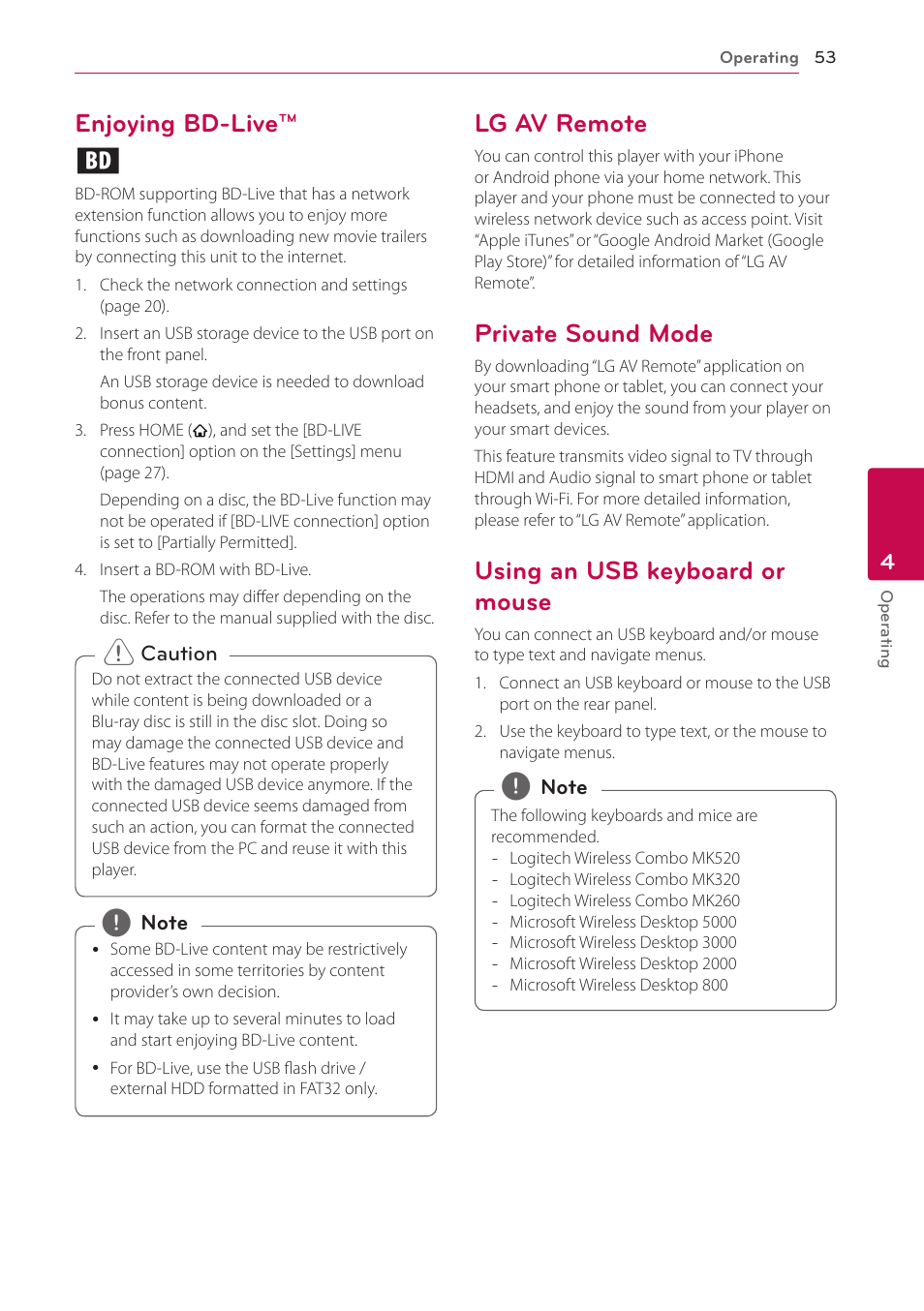 Enjoying bd-live, Lg av remote, Private sound mode | Using an usb keyboard or mouse, 53 – enjoying bd-live, Enjoying bd-live™ e | LG LAB540W User Manual | Page 53 / 77