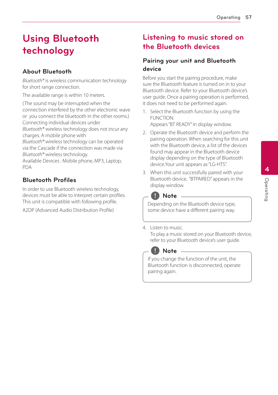 Using bluetooth technology, Listening to music stored on the bluetooth devices, Bluetooth devices | LG LAB540W User Manual | Page 57 / 77