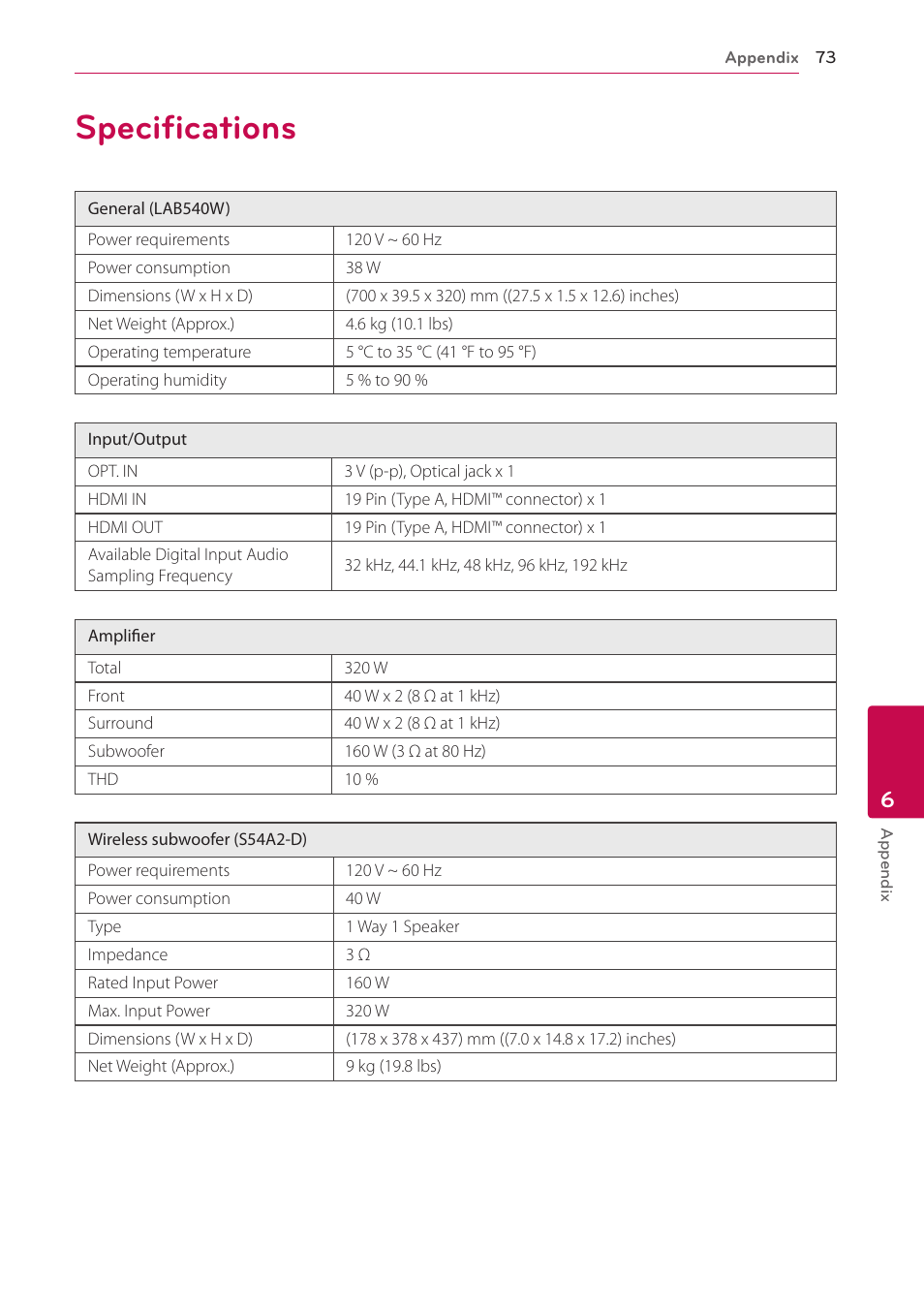 Specifications, 73 specifications | LG LAB540W User Manual | Page 73 / 77